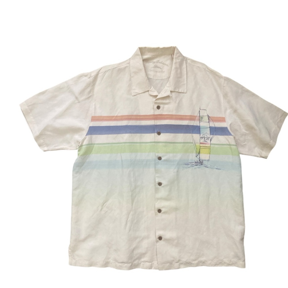 Tommy Bahama Shirt Mens  White Linen Silk Collectors Edition Sailboat Art - Picture 2 of 11